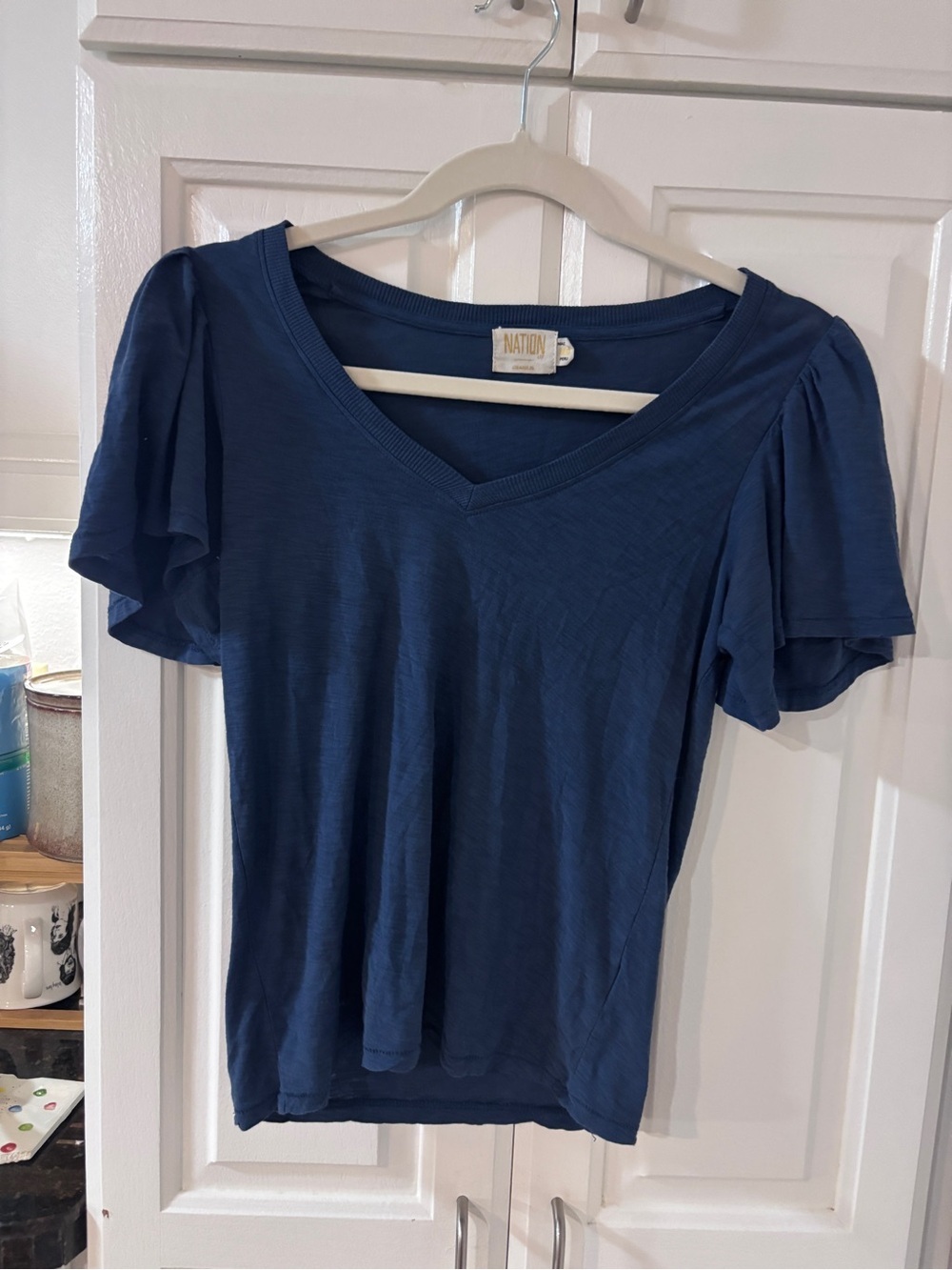 Nation LTD Women's Darcie Navy V-Neck Ruffle Sleeve Tee